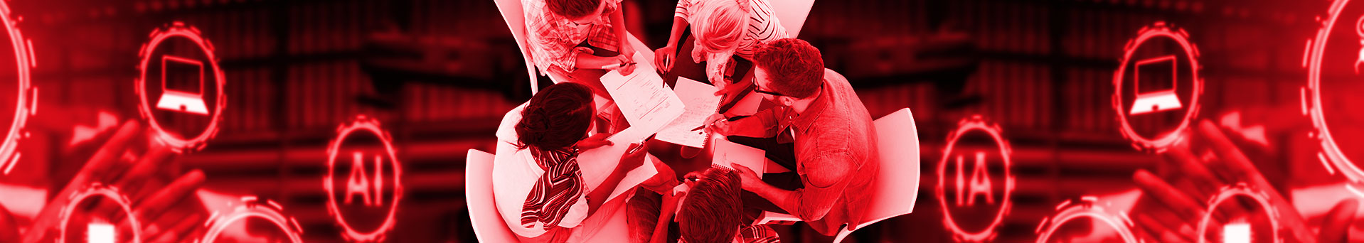 People meeting in a circle, colored red